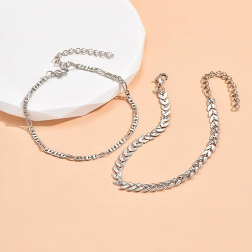 Silver Layered Anklet for Women, Double Chain Beach Anklet Set, Boho Leaf and Flat Link Anklets, Adjustable Summer Foot Jewelry Gift