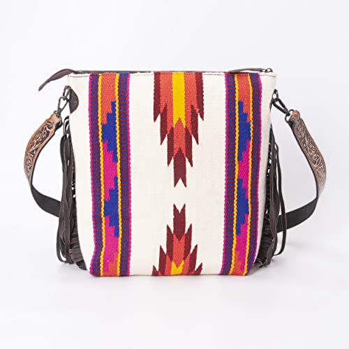 Merbaa Women Handtooled woolen saddle blanket hand woven Crossbody Bag - color: White