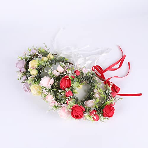 Vivivalue Women Flower Crown Rose Floral Headband Hair Wreath Floral Headpiece Halo Boho with Ribbon Wedding Party Pink - color: 71