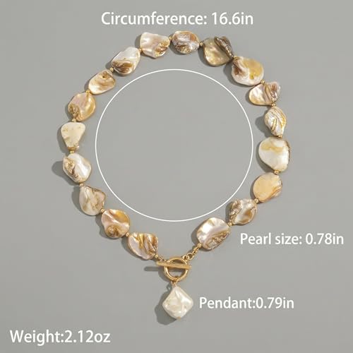 Chunky Shell Choker Necklace for Women, Irregular Shell Beaded Necklace with Faux Pearl Pendant, Boho Beach Jewelry for Summer Vacations, Gold Tone T-Bar Toggle Clasp Statement Necklaces