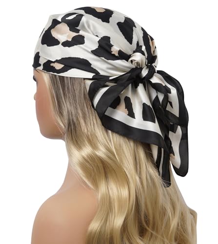 CHUNG Women's Scarf Hair Bandanas Square 27.5" Satin Wrap Fashion Pattern Scarves Emulation Silk Handbag Ribbons Necktie - color: Beige Leopard