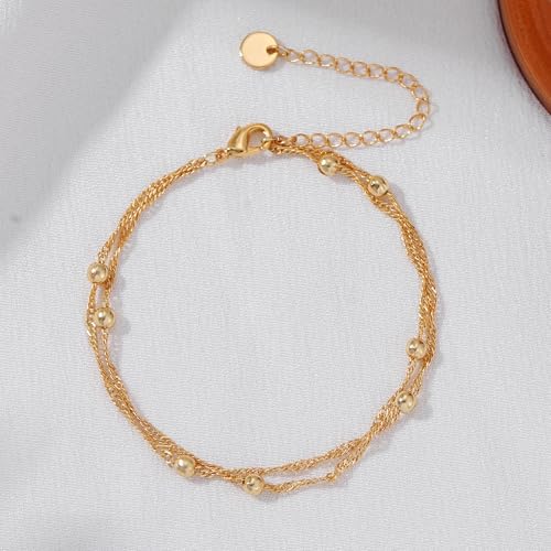 SLOONG Gold Pearl Bracelets for Women Trendy, 14K Gold Plated Dainty Stackable Layered Chain Bridesmaid Bracelets, Waterproof Wedding Jewelry for Women Adjustable 6"+2" - color: Style7(Ripple Chain)