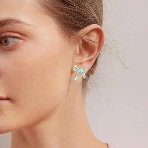 Rhinestone Bow Earrings for Women, Elegant Bridal Jewelry Statement Drop Dangle Earrings, Wedding Guest Dress Matching Accessories, Bridesmaid Gift, Sparkling Party Costume Outfit - color: A7:Green Bow Stud Earrings