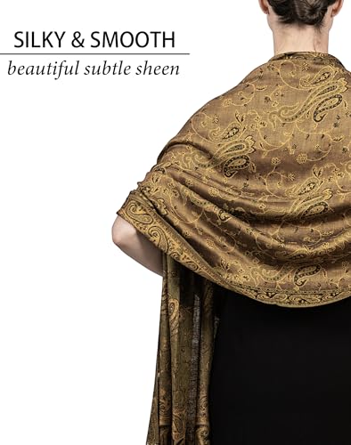 Achillea Reversible Paisley Pashmina Rave Scarf – Exotic Indian Shawls and Wraps for Evening Dresses, Festivals, All Seasons - color: Bronze