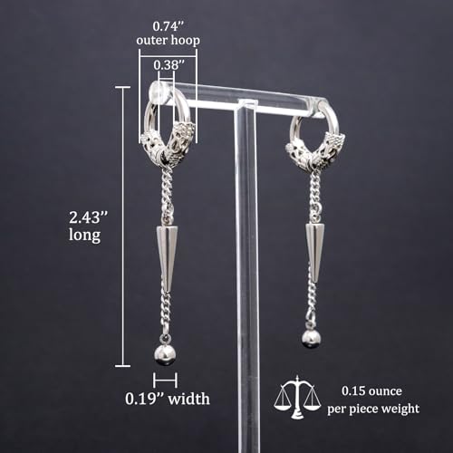 Sonateomber Gothic Silver Black Small Hoop Earrings for Women Men, Punk Hip Hop Engrave Beaded Goth Dangle Drop Earings Halloween Costumes Accessories Prom Fashion Jewelry Gift - color: Silver Spike