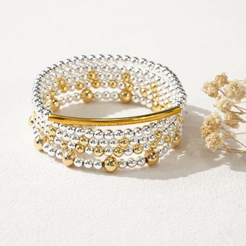 14K Gold Plated Beaded Bracelets Stack Set for Women,Stretch Boho Colorful Beads Ball Jewelry Friendship Summer Trendy - color: Silver gold