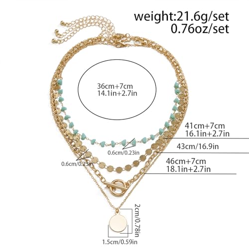 Boho Layered Gold Turquoise Necklace for Women Multi Strand Western Beach Jewelry Stackable Chain with Toggle Clasp Disc Pendant Trendy Fashion Jewelry - color: gold