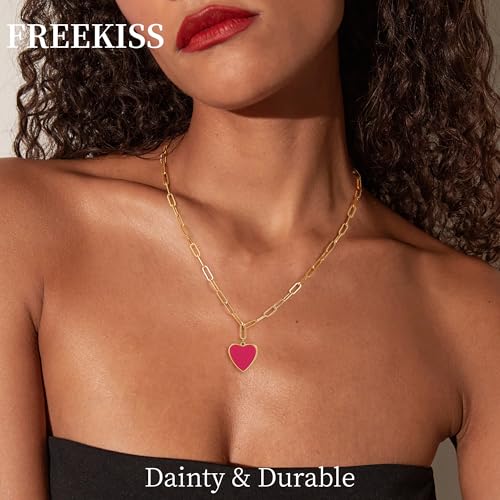 Freekiss Gold Pendant Necklace for Women, Dainty Diamond Necklaces for Women Simple 14K Gold Plated Paperclip Choker Necklaces Cute Minimalist Open Oval Necklaces Gold Jewelry for Women Gifts - color: Gold, style: Hot Pink Heart