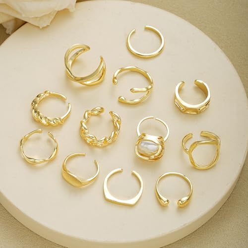 Chunky Gold Rings for Women Non Tarnish Boho Stackable Rings Set Adjustable Open Joint Finger Midi Knuckle Ring Packs - color: Gold Chunky Rings 12Pcs