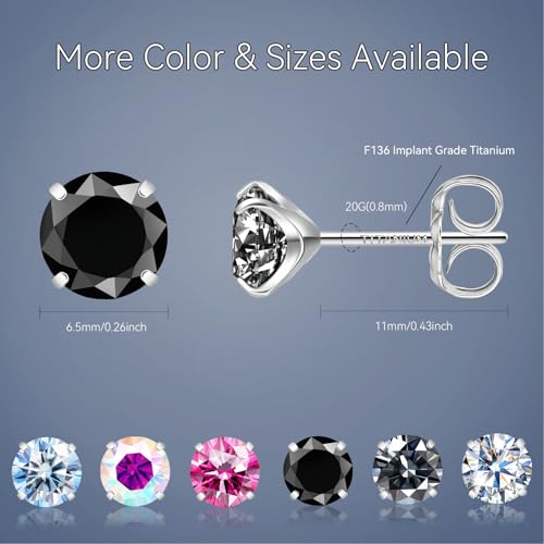 Moissanite Stud Earrings, G23 Hypoallergenic Titanium Stud Earrings for Women Men, Round Cut D Color VVS1 Clarity 18K White Gold Palted Multicolor Moissanite Jewelry, 0.6CT-3.0CT - color: Black, size: (1.0ct*2)-6.5mm-2.0 Carat