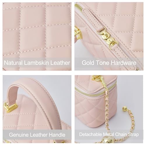DORIS&JACKY Small Quilted Box Crossbody Purse For Women, Designer Lambskin Leather Mini Top Handle Tote Bag With Chain Strap - color: 8-light Pink