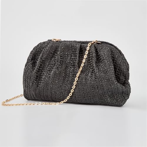 Huralona Women Straw Woven Clutch Purse Pleated Handbag for Summer Beach Vacation Straw Shoulder Crossbody Bag - color: Black