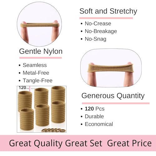 LuSeren 120 Pcs No Damage Hair Ties for Thick Hair, Large Soft Seamless Nylon Hair Elastics for Women, Ponytail Holders, Hair Accessories – Light Brown - color: Light Brown