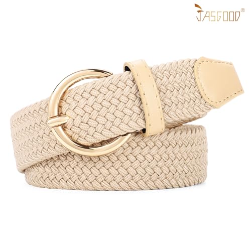 JASGOOD Women Men Braided Woven Elastic Stretch Waist Belt Golf Canvas Fabric Casual Belt for Jeans Pants - color: A-beige, size: Fit Size 24"-27"
