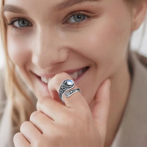 Vito 925 Sterling Silver Adjustable Open Spoon Ring for Women Men, Lotus Sunflower Snake Spoon Band Rings Feather Hug Witches Knot Inspirational Jewelry Gift for Wife - style: Snake