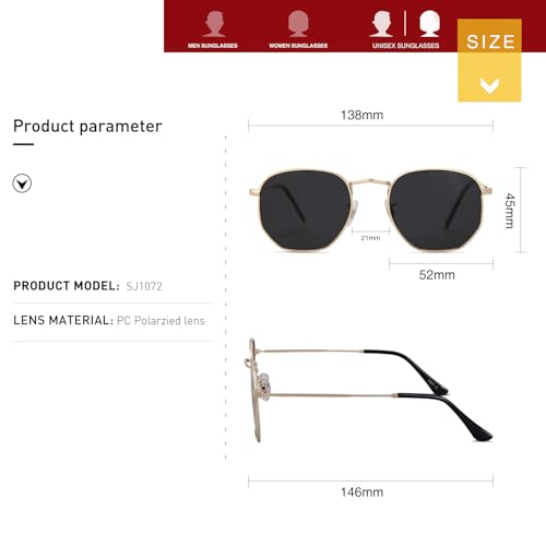 SOJOS Square Polarized Sunglasses for Women Men Small Hexagonal Polygon Shades SJ1072 - color: Golden