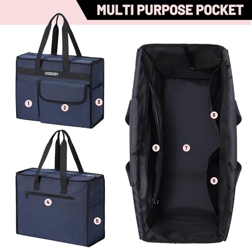 Large Utility Tote Bag with Reinforced Bottom, Waterproof Multi Pockets Beach Tote Bag for Travel, Work, School - color: Blue