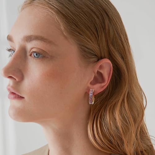 Trendy 14K Gold Plated Hoop Earrings for Women, Chunky Gold/Silver Earrings for Women Cubic Zirconia Baguette Hoop Earrings Heart Hoops Lightweight Hypoallergenic Jewelry,25mm/35mm/40mm/50mm - color: 01 Gold Purple Hoops 25mm