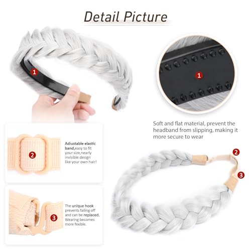 2PCs Braided Headband with teeth Handmade Messy Wide Synthetic Hair Elastic Stretch Fluffy Hairpiece for Brides (Light Gray) - color: Light Gray