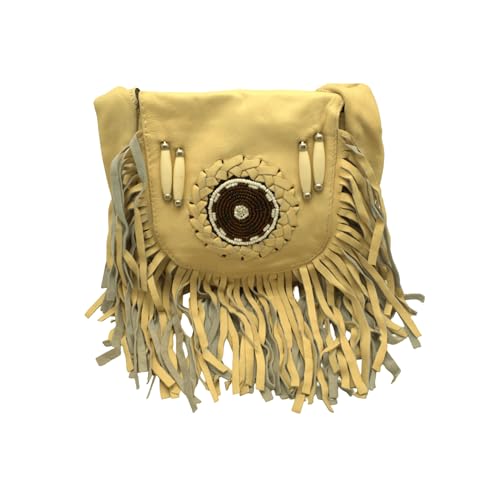 Women’s Genuine Leather Crossbody Belt Bag with Fur Fringe, Braided Bead Handcrafted Design, Clip-On Hip Fanny Pack with Jeans Loop, (J2400LB, Beige) - color: J2400LB-Beige