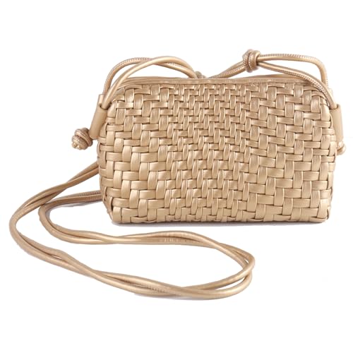 Woven Crossbody Bags for Women Handwoven Purses Vegan Leather Small Handbag Handmade Shoulderbag | Lightweight - color: Gold