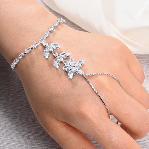 Adjustable Hand Chain Bracelet Women, 16K Gold Plated Finger Bracelet, Secure Ball Clasp Elegant Slave Hand Jewelry, Y2K Aesthetic Accessories for Summer Festival Prom Beach Vacation Daily Wear - color: style11-16K silver-plated