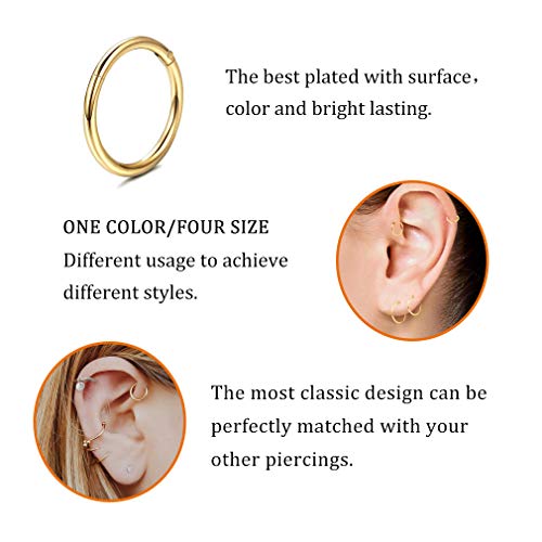 4Pcs 16G 18G 20G Surgical-Steel-Piercing-Ring-Nose-Rings-Hinged-Hoop-Earrings,6mm 8mm 10mm 12mm Seamless Stainless Steel Clicker Eyebrow Septum Piercing Hoop,Sliver Black Gold Rose Gold Rainbow Body Jewelry Set - color: 18G Gold