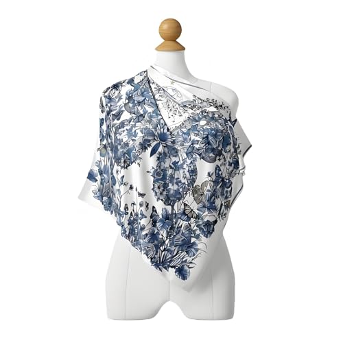 Premium Floral Scarf for Women 35x35 Square Silk Feel-Lightweight Scarves Headscarf Bandanas Wrapping Handbag - color: Big Blue Butterfly