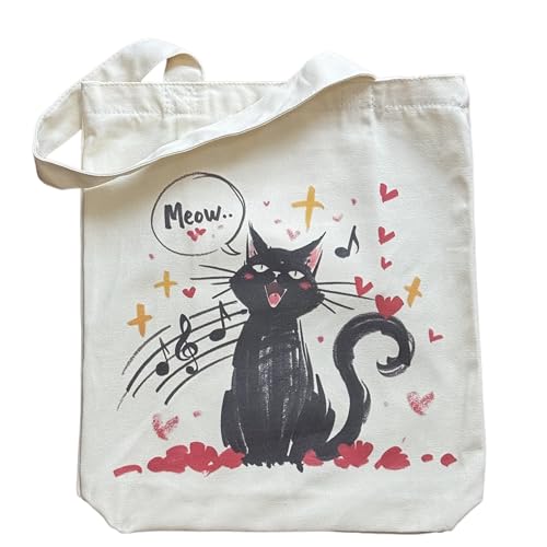 Canvas Tote Bag with Zipper for Women, Aesthetic Tote Bag with Pocket for Vacation, Shopping, Travel, Beach - style: Cat Music-01