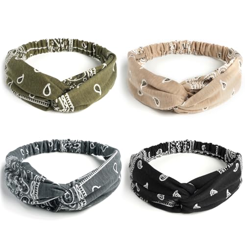 AQOKKA Elastic Knotted Headbands for Women Cloth Head Hair Bands for Women's Hair Non Slip Boho Wrap Twisted Hair Accessories - color: 4 Pack Cross Floral : B