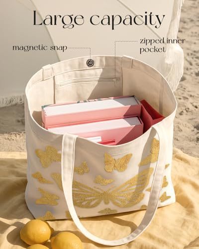 Miss Adola Embroidery Tote Bag with Pocket & Buckle - Reusable Canvas Tote for Women Cute Aesthetic Work Shopping Grocery Bag - style: Butterfly