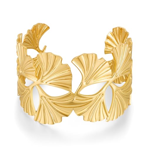 WOWORAMA Chunky Gold Cuff Bracelets for Women Vintage Gold Flower Butterfly Bracelet Trendy Boho Wide Open Cuff Bangles Matte Statement Bracelet - color: Ginkgo Leaf