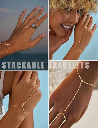 YEEZII Gold Hand Chain Bracelets for Women, 2 Pcs 14k Gold Plated Cubic Zirconia Link Chain Bracelet Set, Trendy ring bracelet hand chain Jewelry for Her - color: Gold-A
