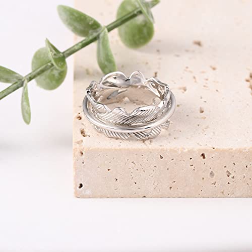 925 Sterling Silver Anxiety Ring with Beads Fidget Spinning Rings for Women Worry Beads Rings - color: feather design