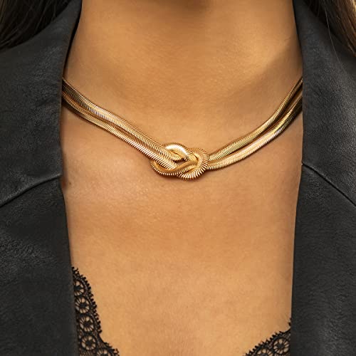 PLOUTOS Chunky Gold Knot Choker Necklace for Women Adjustable Double Snake Chain Design Bold Statement Fashion Jewelry Accessory For Party Daily Wear Gift - color: Gold