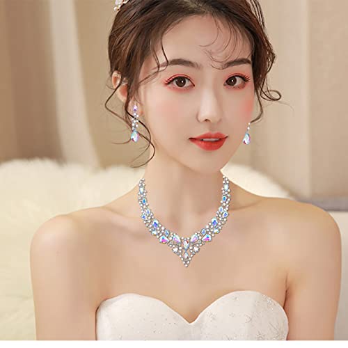 CSY 4 Pcs/Set Austrian Crystal Necklace Earrings Bracelet Ring Bridal Jewelry Sets for Brides Wedding Party Costume Accessories Gifts for Women - color: Iridescent AB Crystal - Silver tone