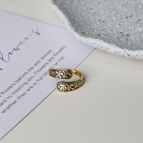Vintage 14K Gold Plated and Silver Spoon Ring – Adjustable Ring with Carving Design for Women, Unique Boho Open Ring for Gift - color: Gold