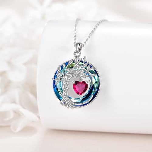 POPLYKE Mothers Day Gifts for Mom Her Wife Tree of Life Necklace 925 Sterling Silver Birthstone Pendant with Crystal Anniversary Birthday Wedding Jewelry for Women - color: 07-Jul-Ruby, style: White Gold Plated-Blue Crystal