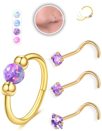 Opal Nose Ring Studs Horseshoe Nose Rings Hoops Stud 316L Stainless Steel Nose Rings Round CZ Square Screw L Shaped Nose Stud Hypoallergenic Nostril Piercing Jewelry for Women Men - color: Gold/Purple gem/20g 8mm hoop/Screw Studs