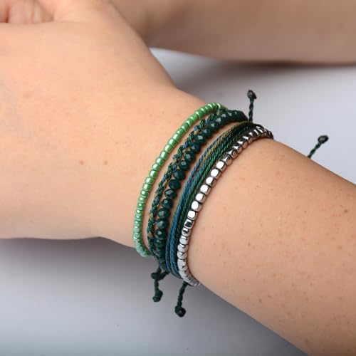 Mezcla Vida Handmade Waterproof Rope Bracelets Pack String & Beaded Bracelet Stack - Set of 5 Stackable Bracelets For Women, Summer Accessories & Bohemian Bracelets for Teen Girls - color: blackish green
