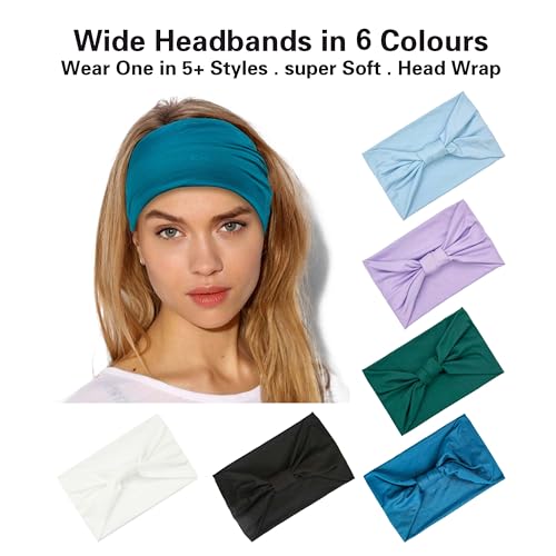 GiLi 6 Pack Wide Headbands for Women Non Slip Soft Elastic Hair Bands Yoga Running Sports Workout Gym Head Wraps, Knotted Cotton Cloth African Turbans Bandana (with 6 Pcs Hair Ties) - color: 6 Color (White+Black+Light Purple+Light Blue+Dark Green+Teal)