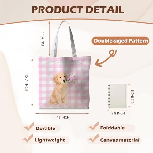 Preppy Animal Tote Bag, Pet Canvas Tote Bag, Reusable Grocery Shopping Shoulder Bags - color: Golden Retriever Stripes