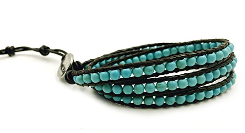 3 Wrap Genuine Leather Bracelet Gemstone Bead - color: Turquoise Blue