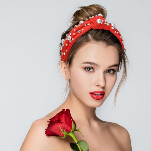WantGor Pearl Knotted Headband, Women Rhinestone Embellished Hairband Elegant Wide Top Knot Bride Headbands Headpieces Party Fashion Elegant Ladies Hair Band Hair Hoop Accessories (Red) - color: Red