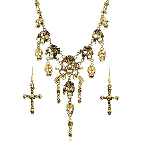 Pingyongchang Vintage Pirate Skull Tassel Charm Necklace and Skull Bracelet Lady Horror Necklace for Women - color: Set 3