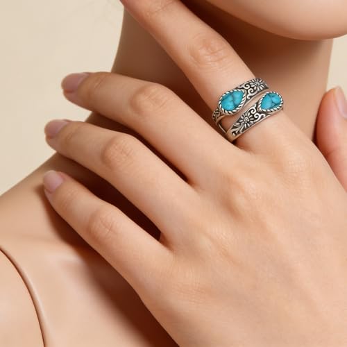 Adjustable Thumb Rings for Women Vintage Moonstone Obsidian Turquoise, Spoon Style Adjustable Ring Gift for Her, Sister, Mom – Natural Gemstone Jewelry - style: Turquoise Flower Ring