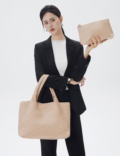 Handmade Woven Tote Bag for Women, Soft Vegan Leather Shoulder Bag with Purse, Large Travel Handbag - color: Nude-beige