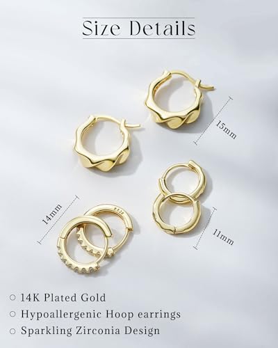 3 PairsTrendy Dainty Set Earrings- 14K Gold Plated Hoop Earrings for Women, Hypoallergenic Lightweight Stackable Jewelry Gift for Multiple Piercings - color: Triple Mix