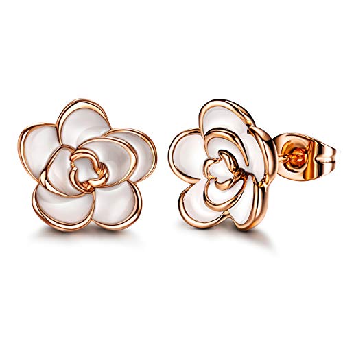 AllenCOCO Rose Flower Stud Earrings for Women Sensitive Ears, Hypoallergenic Cute Gold And Silver Rose Flower Earrings Studs for Women Nickel Free - color: White flower/Rose gold, size: 0.47