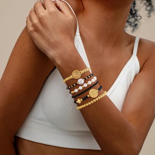 VIBILIA Gold Beaded Bracelets Set for Women 14K Gold Plated Dainty Pearl Cross Bracelet Stack Stretch Bracelet Set Fashion Accessories Gifts - color: 6P-6146K2-Black